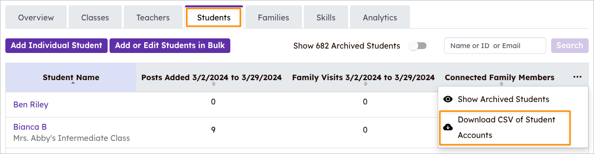 Students tab displaying the dropdown menu below the search bar 