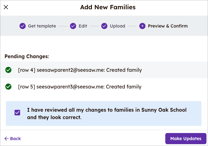 The final screen showing the summary of your upload and if there are any errors.