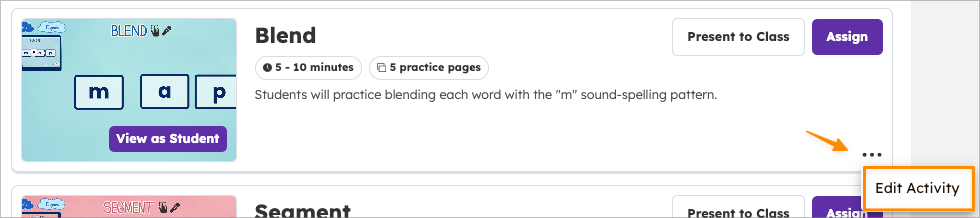 Selected Seesaw activity titled Blend. The three dots menu is open, highlighting Edit Activity.