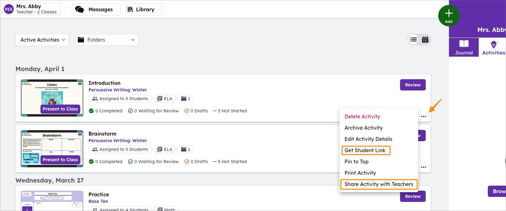 Three dots button menu open on activity in Activities tab in Seesaw class with Get Student Link and Share Activity With Teachers highlighted.
