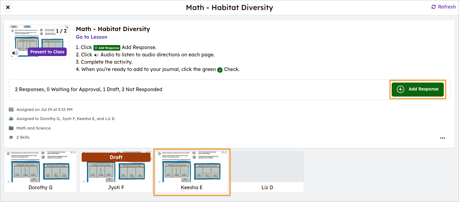 Review activity view with Add Response button on right side of screen and completed student responses to review at bottom of screen highlighted.