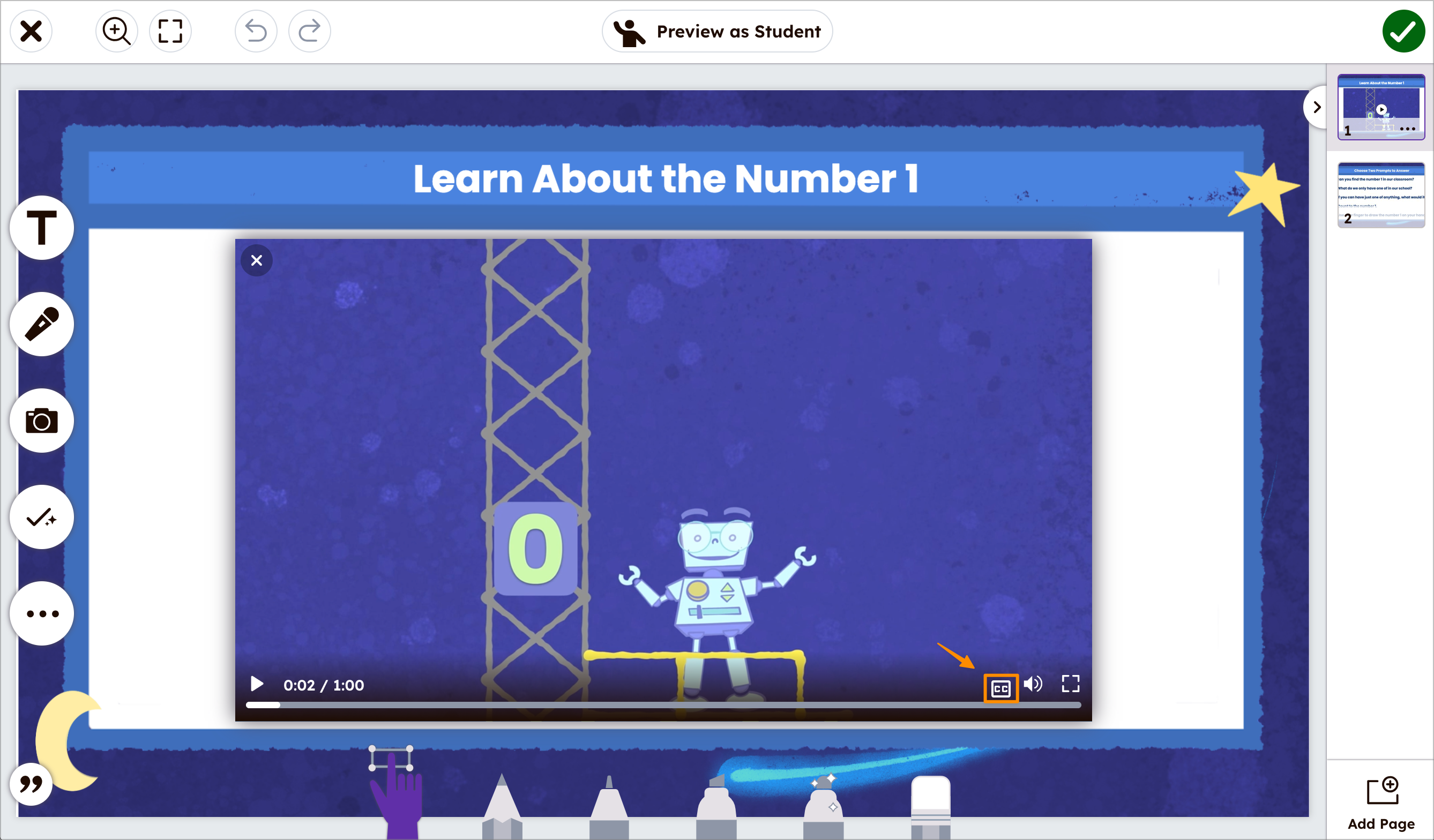 Showing the location of the Close Caption button in the bottom right of the video