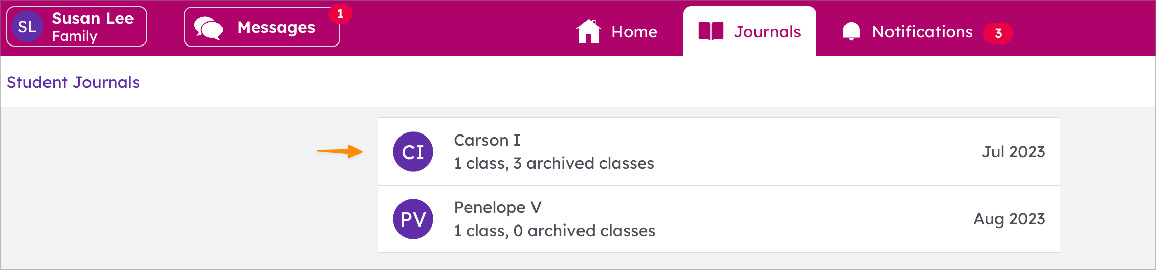 Screenshot of the Student Journals tab showing a list of students and classes