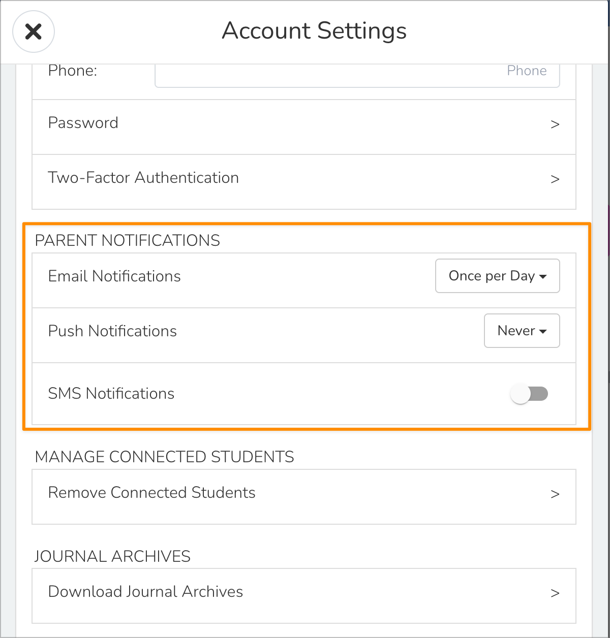 '계정 설정' 페이지의 스크린샷이 '부모 알림'이라는 섹션을 표시하며 이메일 알림(설정: '하루에 한 번'), 푸시 알림(설정: '안 함'), SMS 알림(토글 스위치가 꺼짐) 옵션을 포함하고 있습니다.