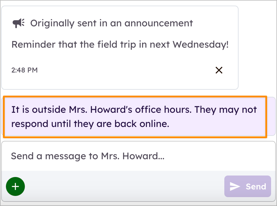 Example of the Office Hours banner as it appears to family members in messages. The banner reads "It is outside Mrs. Howard's office hours. They may not respond until they are back online."