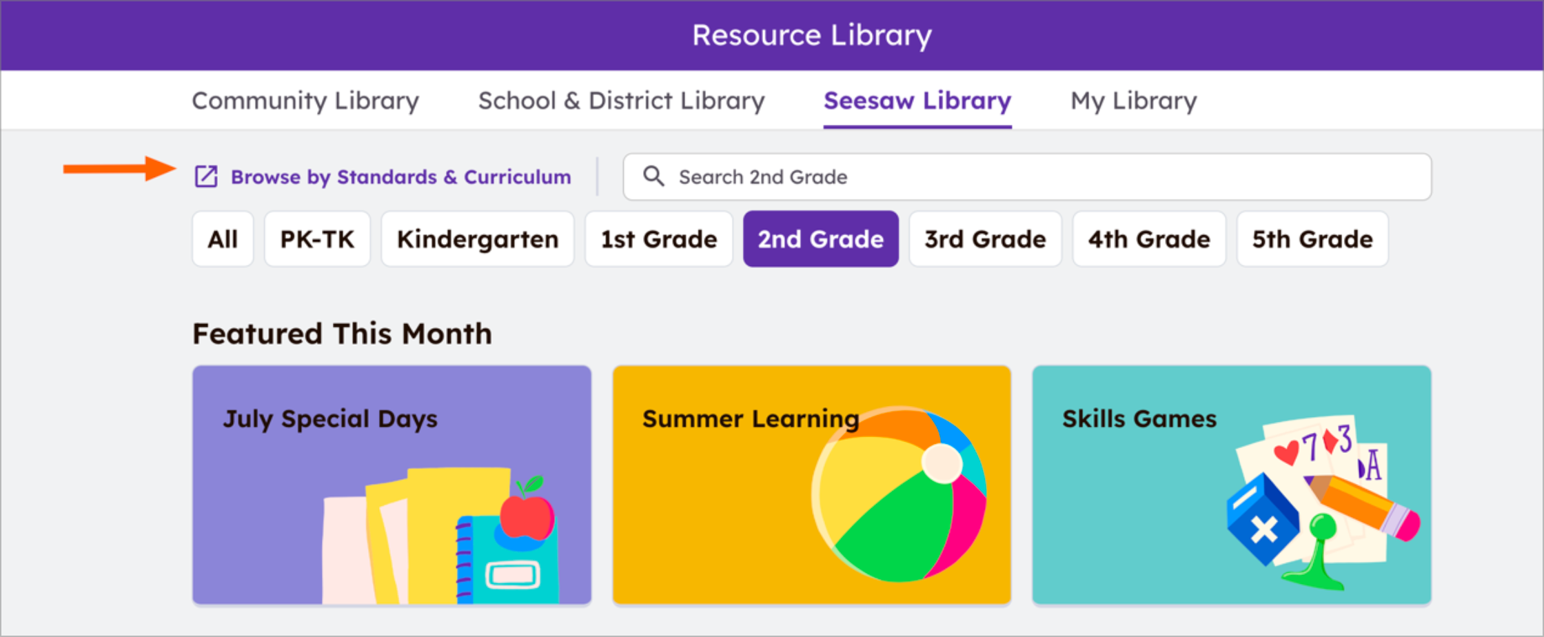 Showing that the location of Browse by Standards button is located next to the search bar on the Seesaw Library tab.