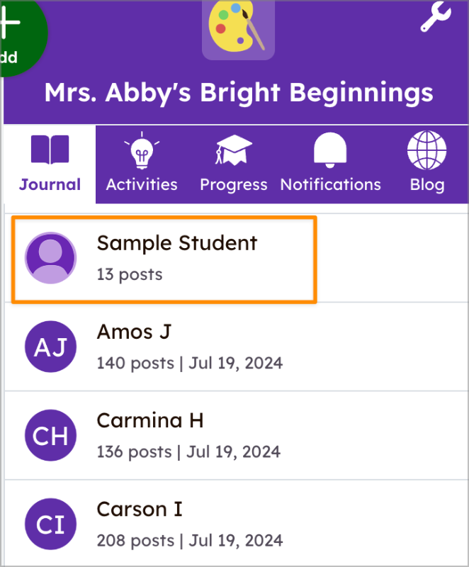 Seesaw teacher view of class list highlighting the Sample Student listed above class list. 