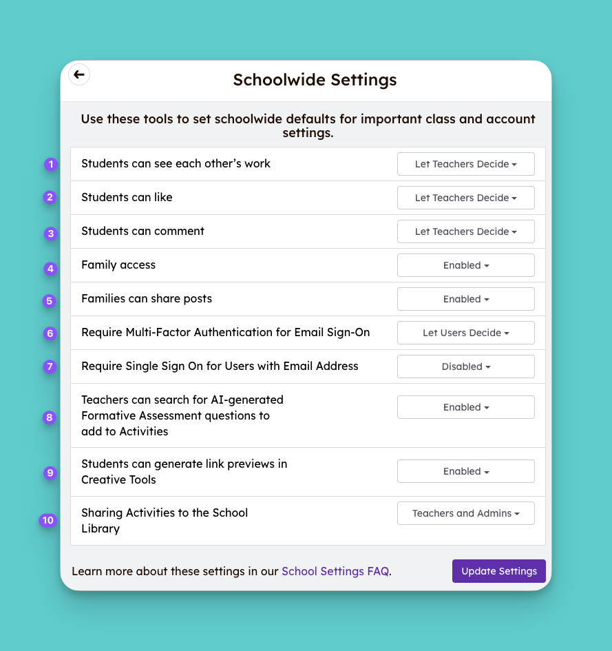 Schoolwide Settings overview with each setting numbered 1-10 to correlate with description below.