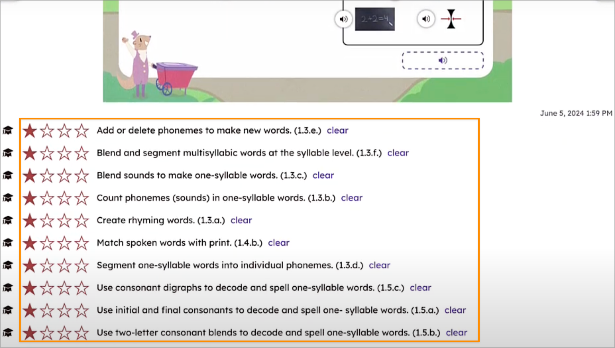 A list of standards tagged to the post with open stars that can be selected to grade the skill for that post.