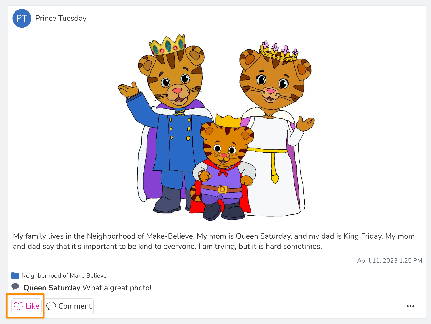 Showing the heart icon in the bottom left of the students post.