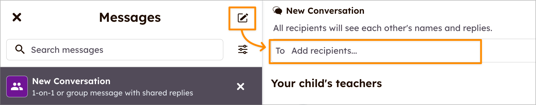 Captura de tela mostrando como adicionar destinatários a uma nova conversa