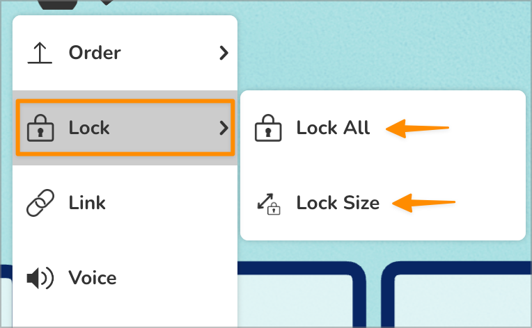 Three dots menu with Lock options expanded, showing Lock All and Lock Size buttons.