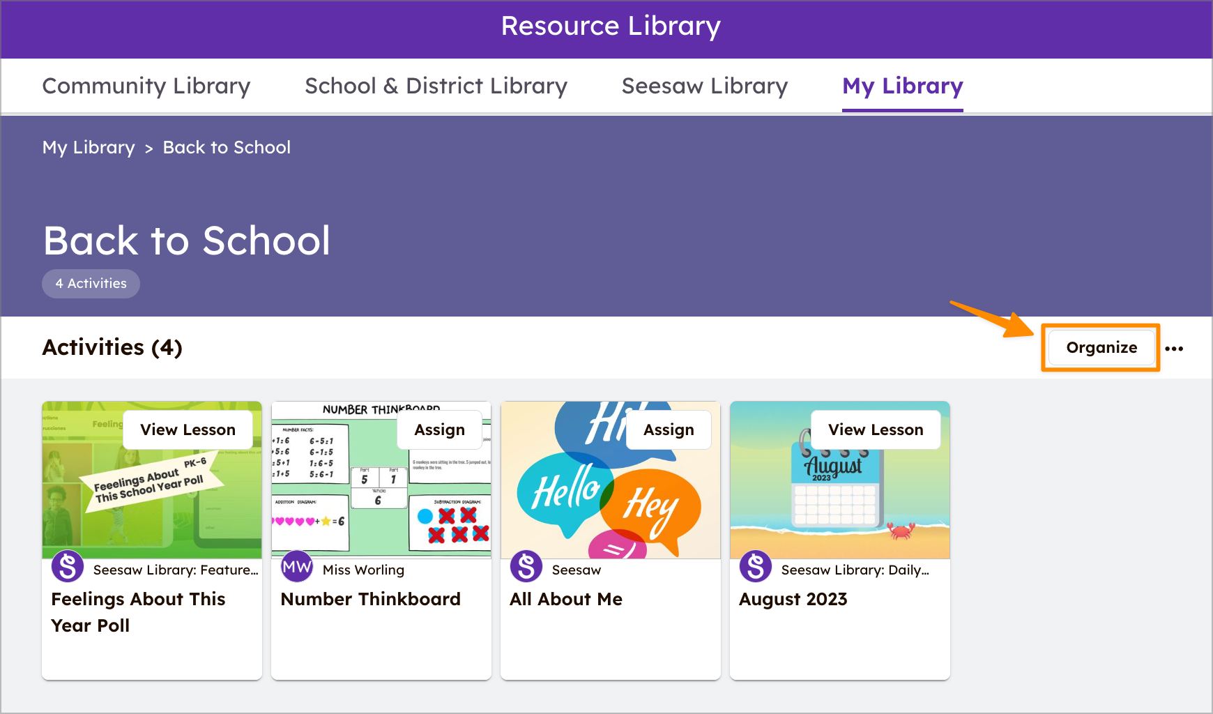 Vue de ma bibliothèque mettant en évidence le bouton Organiser sur le côté droit.