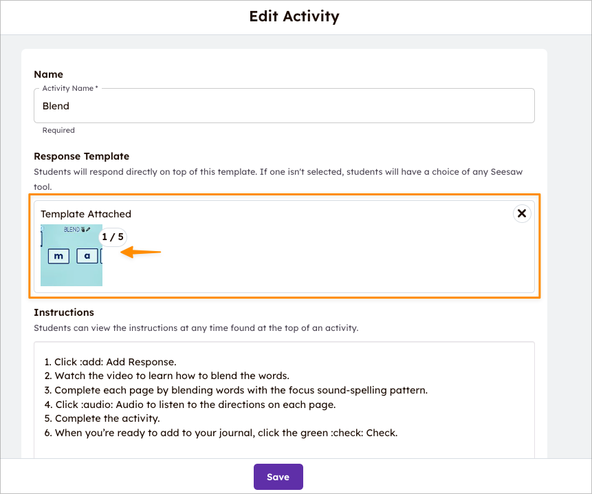Écran de Modification de l'activité dans Seesaw. Le modèle de réponse est mis en évidence avec une flèche pointant vers lui.