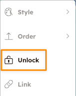 Menu des trois points ouvert montrant les options Style, Ordre, Lien et Déverrouiller. Déverrouiller est mis en évidence.