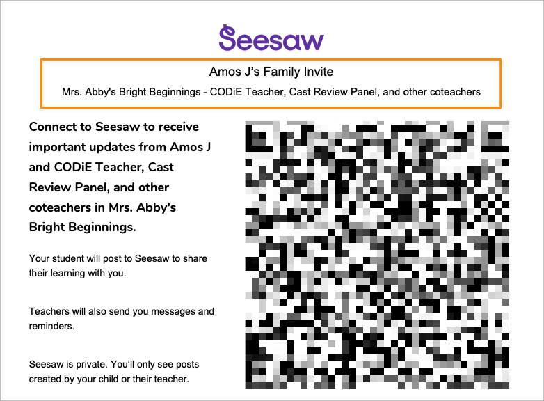 Lettre d'invitation de la famille Seesaw mettant en évidence le nom de l'élève et le nom de la classe indiqué en haut de l'invitation avec des instructions et un exemple de code QR.