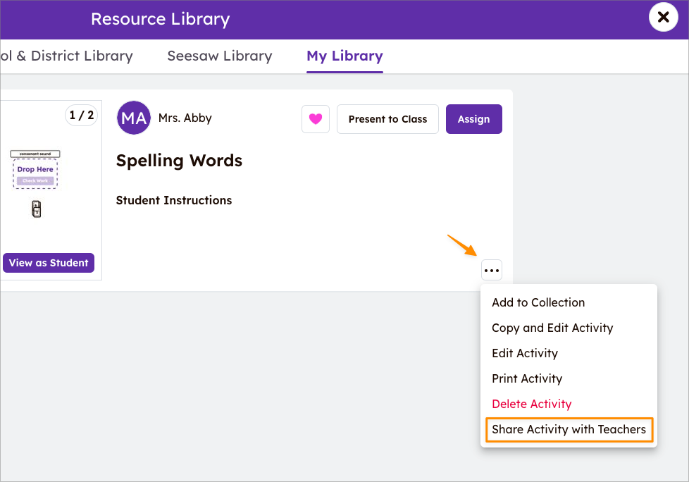 Activité ouverte dans la bibliothèque de ressources avec le menu des trois points ouvert, Partager l'activité avec les enseignants mis en évidence.