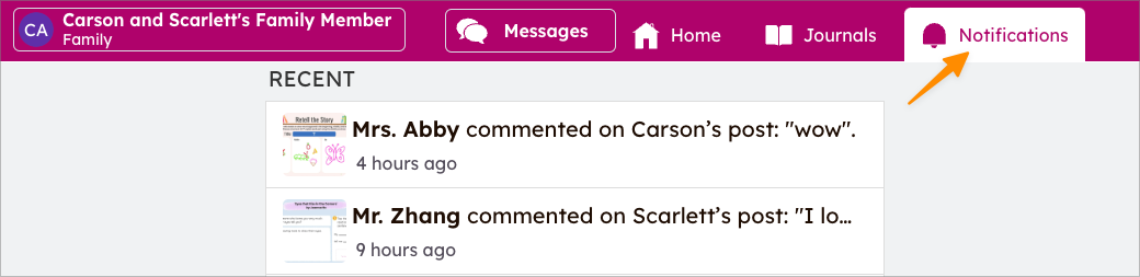 Capture d'écran de l'interface du compte d'un membre de la famille dans l'onglet Notifications avec une icône de cloche