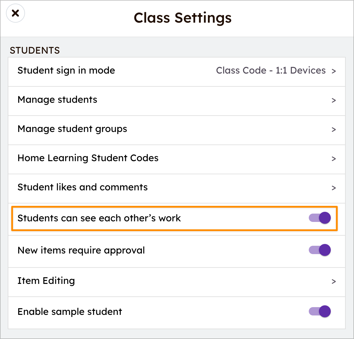 Menu des paramètres de classe Seesaw avec l'option 'Les élèves peuvent voir le travail des autres' mise en évidence et activée.
