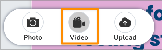 Auswahlmenü mit Foto-, Video- und Upload-Tools. Video ist hervorgehoben.