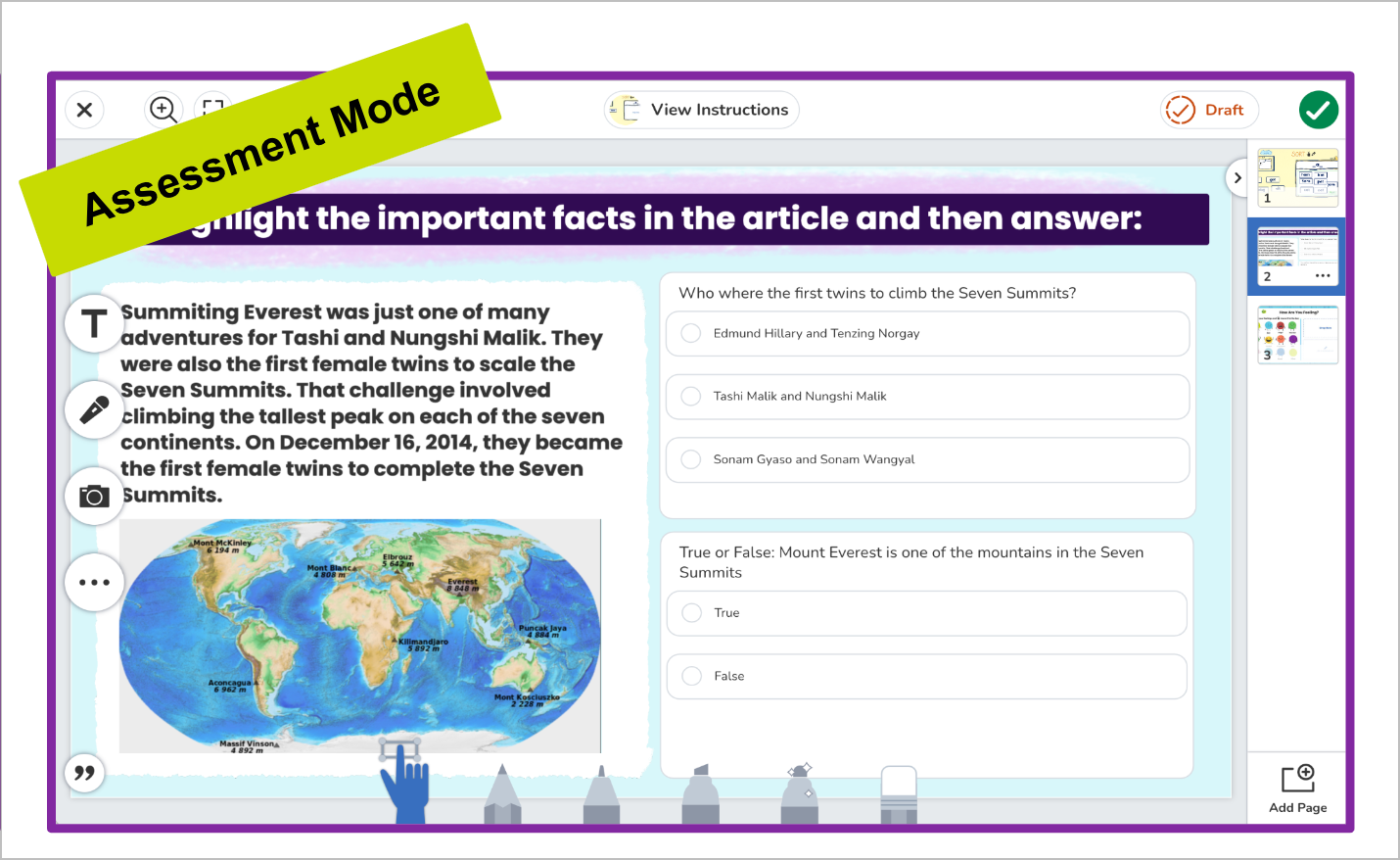 Seesaw Cavas with Activity in Assessment mode. Example activity with reading about Mt. Everest with two multiple choice questions for student to respond to.