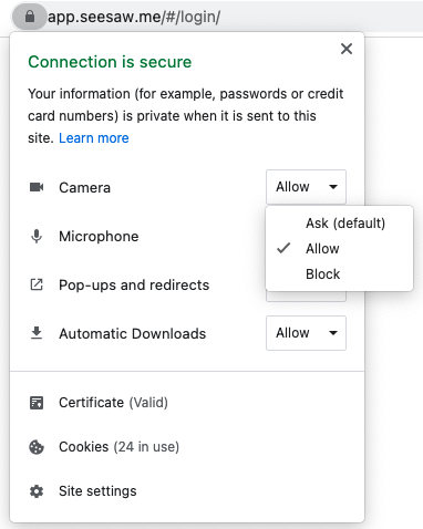 Google Chrome browser's security settings for the Seesaw login page. The pop-up window displays various permission options. The Camera setting is expanded with Allow selected.
