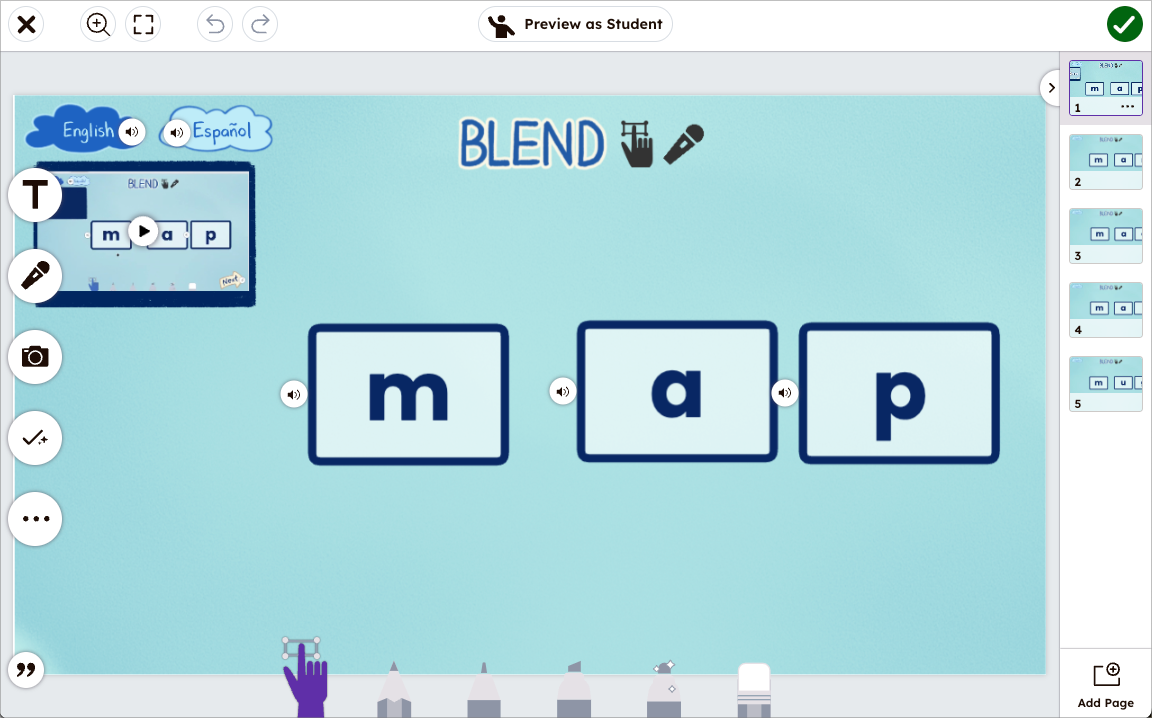 Editor de actividades de Seesaw mostrando una lección de fonética con elementos interactivos, iconos de audio y múltiples páginas en la barra lateral derecha. El botón de Vista Previa como Estudiante está en la parte superior.