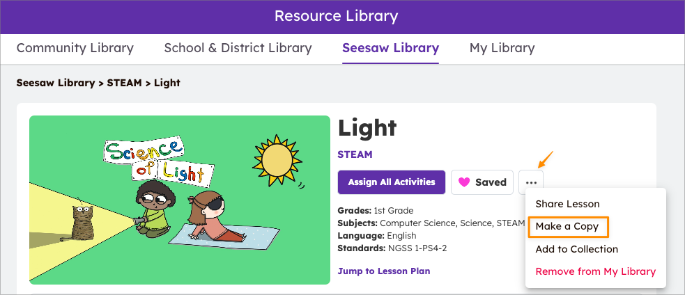 Interfaz de la Biblioteca de Seesaw mostrando una lección guardada. El menú de los 3 puntos está abierto, resaltando Hacer una Copia.