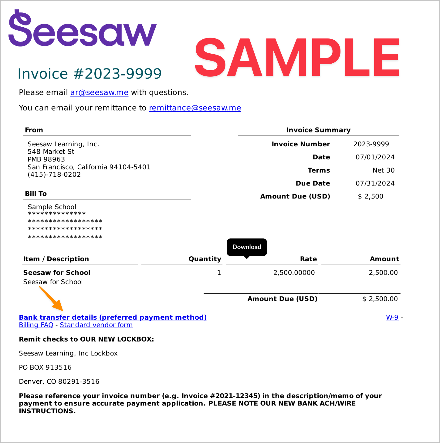 Ejemplo de factura de Seesaw resaltando el enlace para la transferencia bancaria.