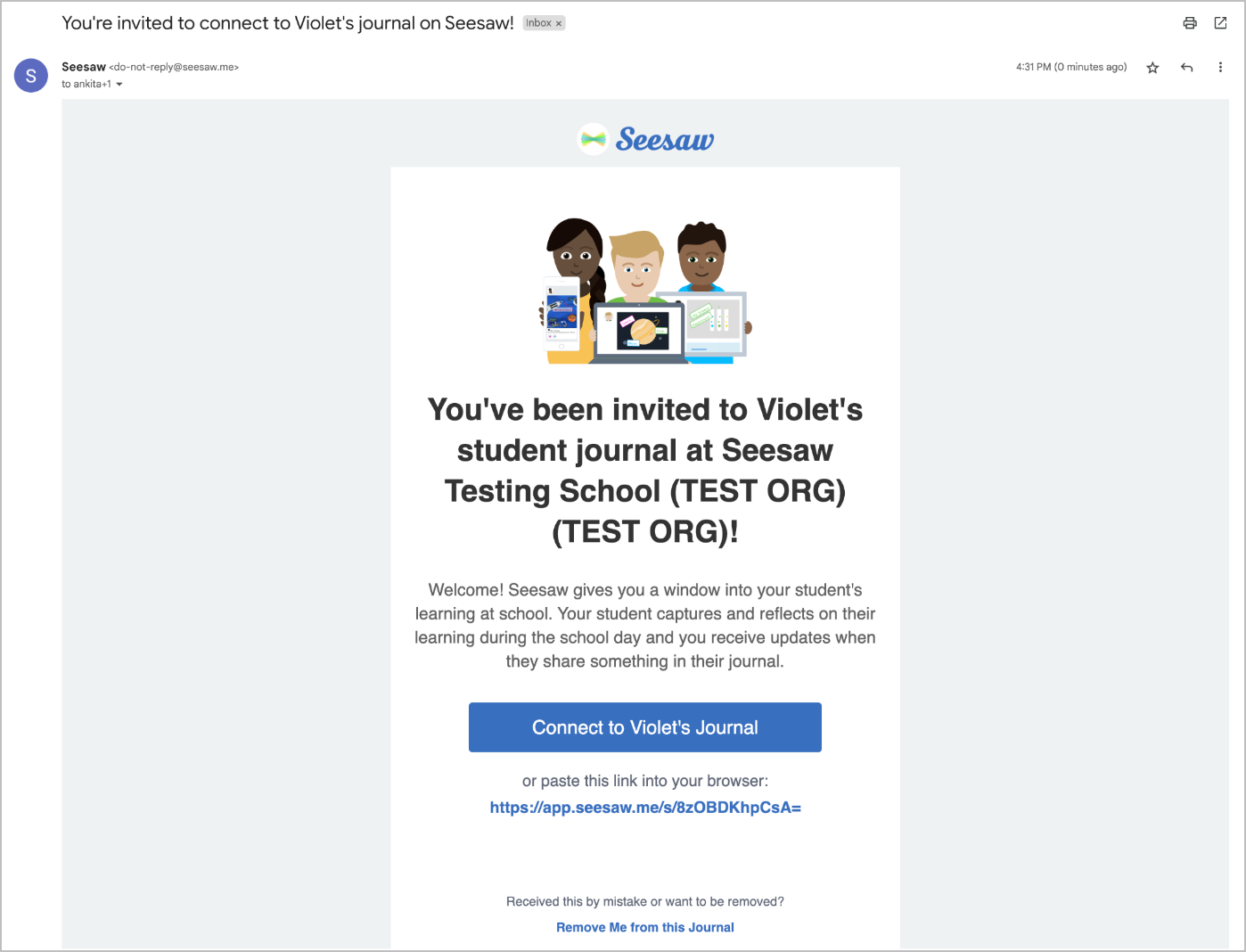 The email the family member will receive inviting them to connect to their student. 