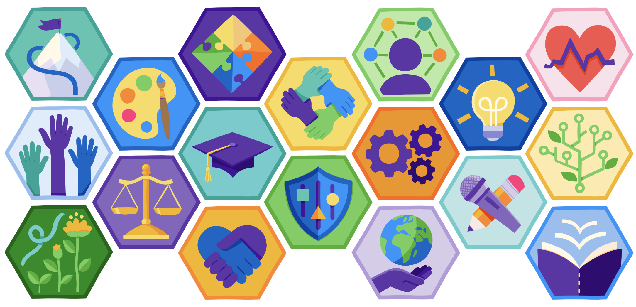 Numerous hexagon shaped 'stickers' for different subject areas. 