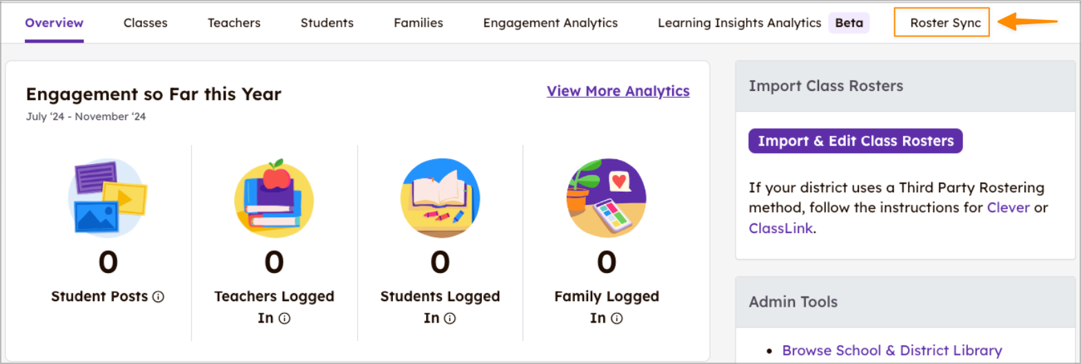 School administrator view highlighting the Roster Sync tab option. 