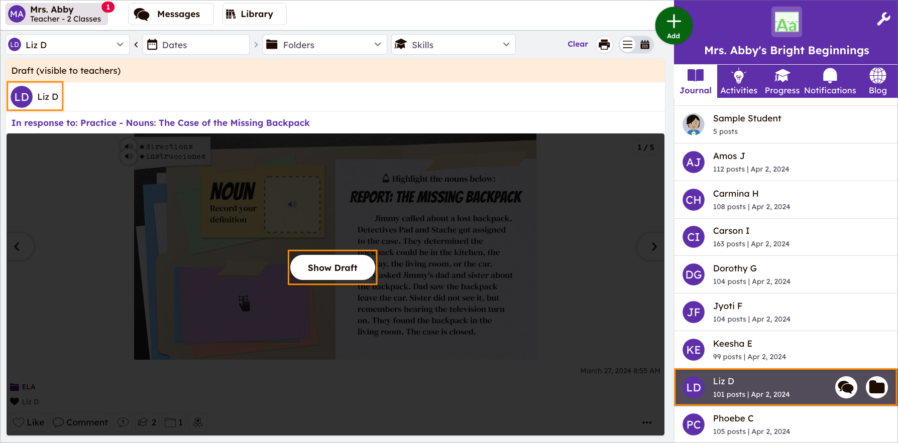 Tampilan jurnal siswa Seesaw dengan banner oranye muda yang bertuliskan 'Draf: Terlihat oleh guru'.