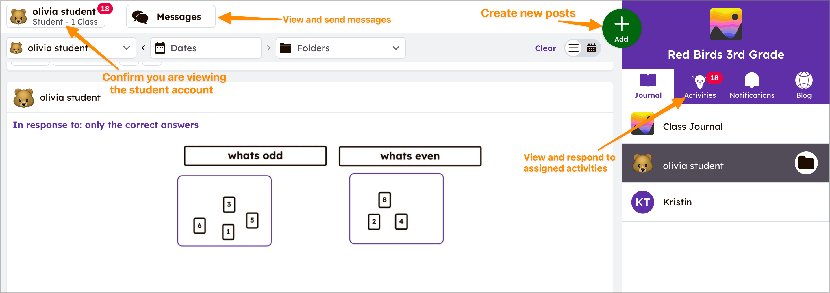 Öğrenci Web görünümü, Profil simgesi, yeşil +ekle düğmesi, Etkinlik listesi ve Mesajlar düğmesi vurgulanmış.