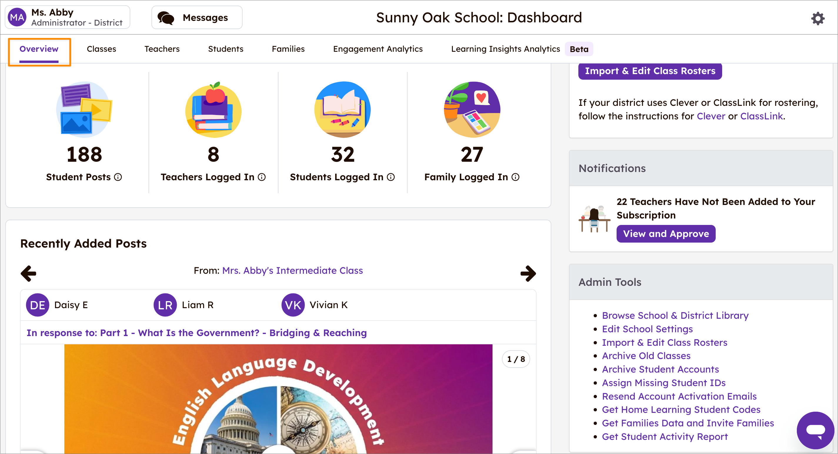 Örneğin Sunny Oak School okulu için Seesaw okul panosu, solda Genel Bakış Sekmesini vurguluyor.