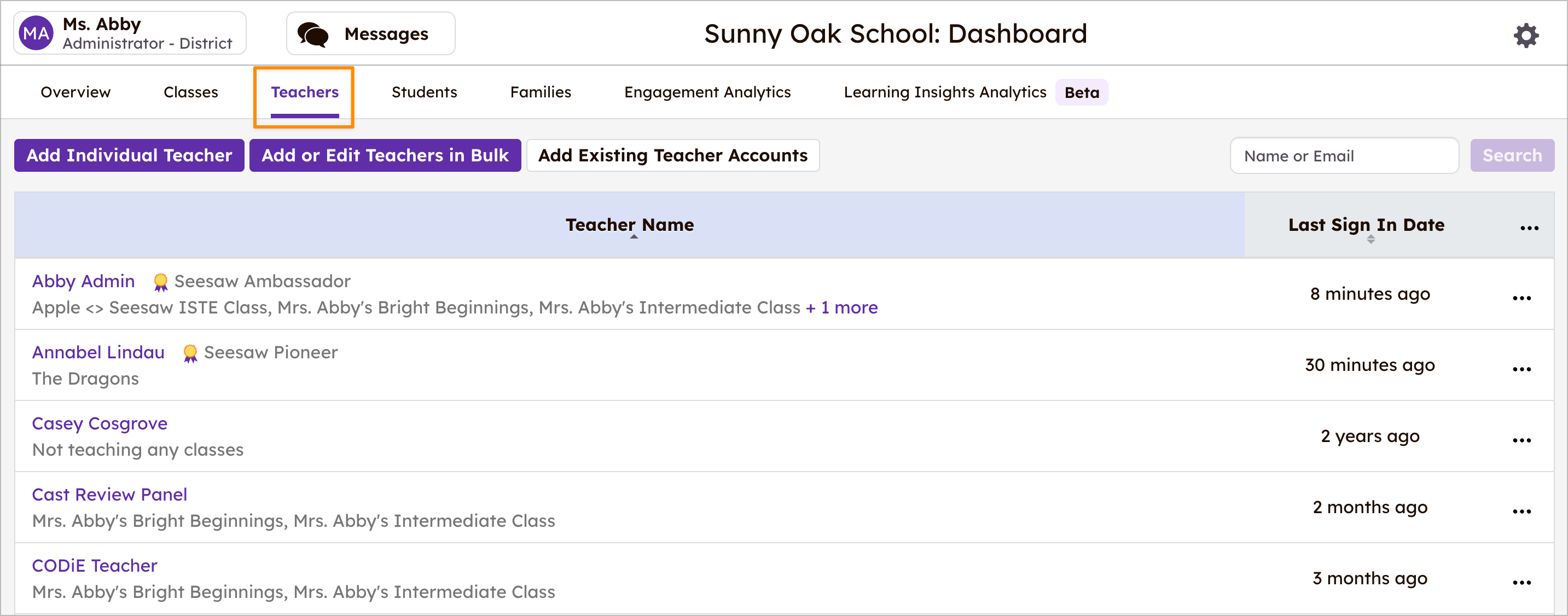 Sunny Oak School örneği gösterge tablosu, tüm öğretmenleri listeleyen Sınıflar Sekmesinin sağında, sınıflarının adlarını ve son giriş tarihlerini gösteren Öğretmenler sekmesini vurguluyor.