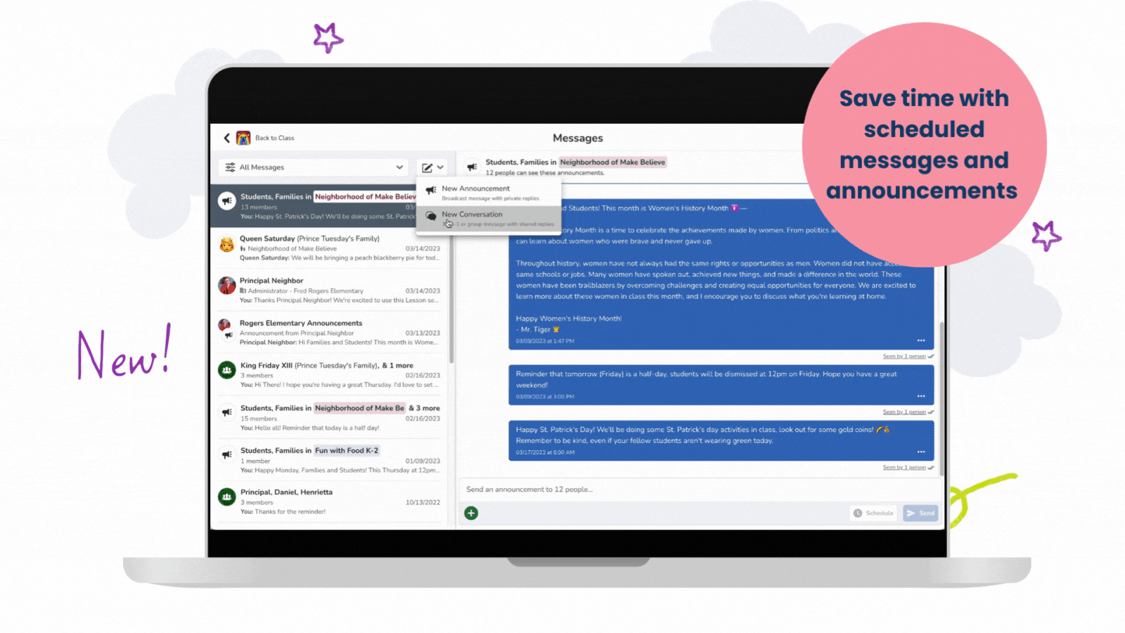 Mesajın gönderileceği tarih ve saat için mesaj zamanlama açılır menülerine gezinme animasyonu.