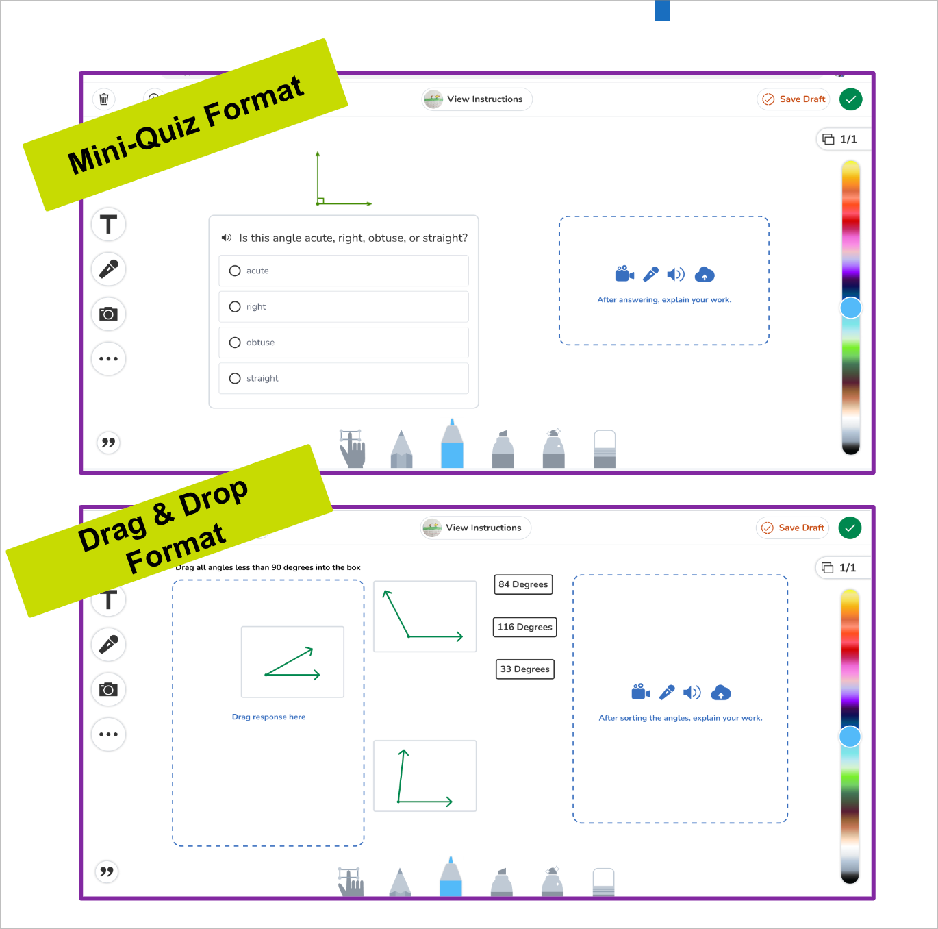 Seesaw Canvas örneği Mini-Quiz ve Sürükle & Bırak Formatı değerlendirme seçenekleri.