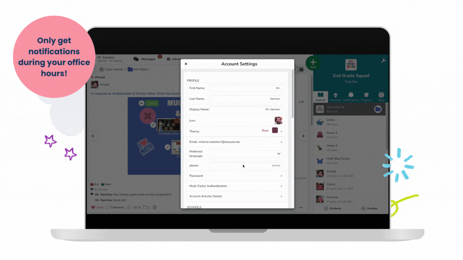 Hesap Ayarları'ndaki ofis saatleri seçeneklerine yönlendirme animasyonu. Seçilebilir saatler içeren açılır menüler ve haftanın günlerini gösteren onay kutuları bulunmaktadır.