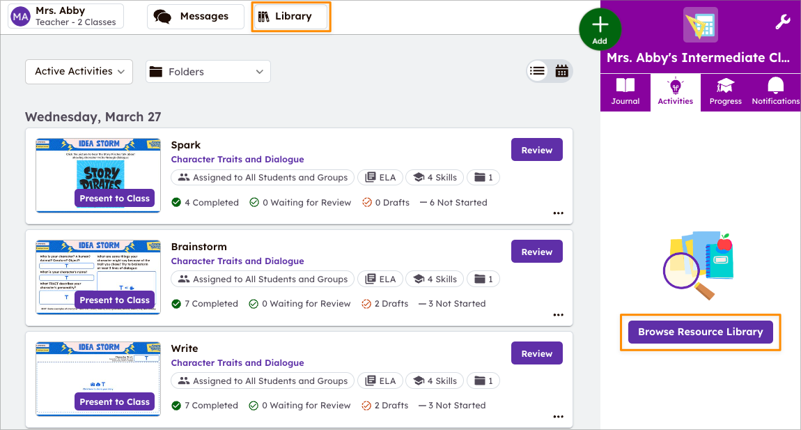 Classe do Seesaw com botão para acessar a Biblioteca de Atividades destacado no topo do meio da tela, e botão Explorar Biblioteca de Recursos destacado à direita.