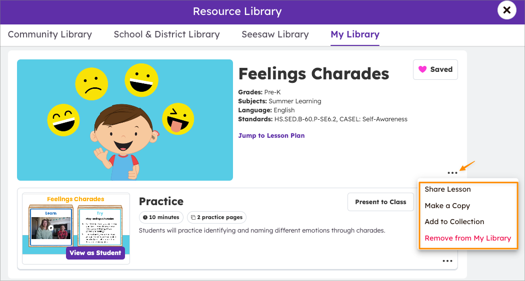 Atividade do Seesaw chamada Charadas de Sentimentos com menu de três pontos aberto e destacado.