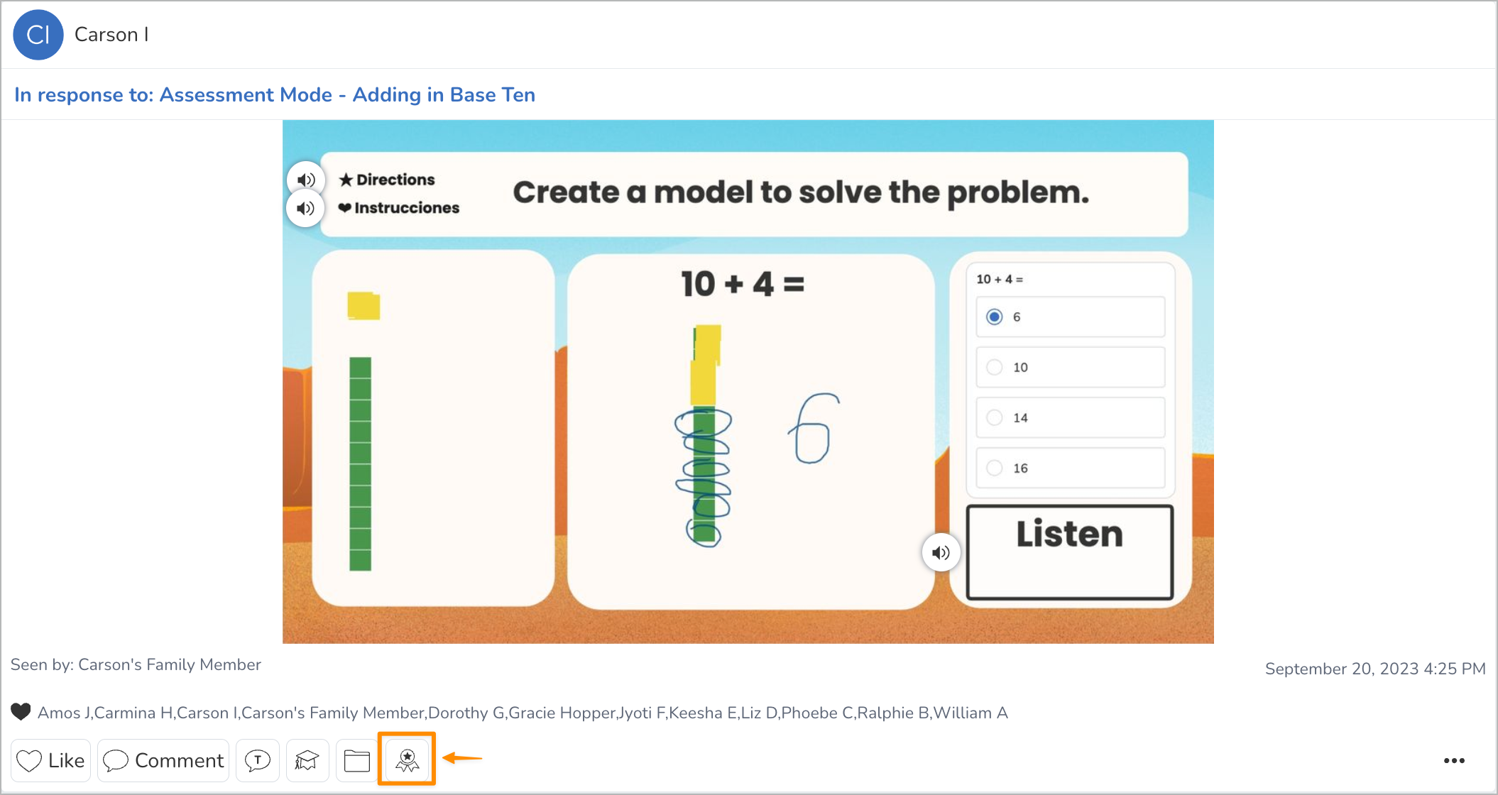 Voorbeeld studentbericht dat het 'Sterbadge' pictogram benadrukt, dat het journalbericht automatisch aan de Hoogtepuntenmap tagt.