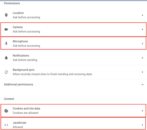 Chrome-instellingen tonen Camera en microfoon ingesteld op Vraag voordat je toegang krijgt en Cookies en sitegegevens en Javascript ingesteld op Toegestaan.