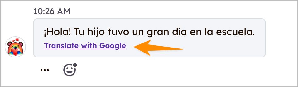 Screenshot van de vertaal met Google optie in een bericht