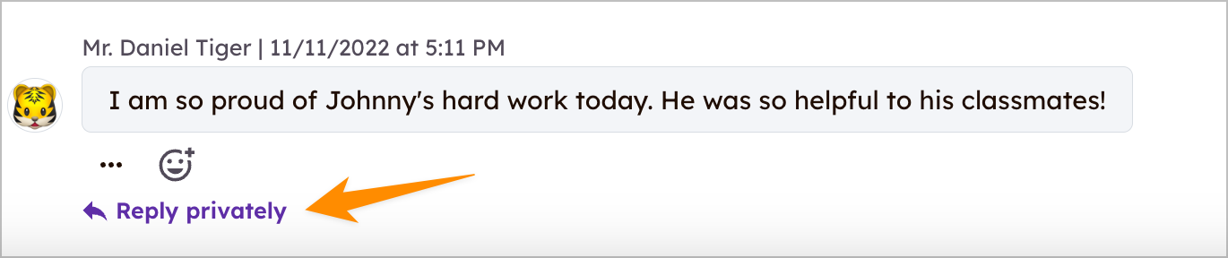 Screenshot of how to reply privately to an announcement.