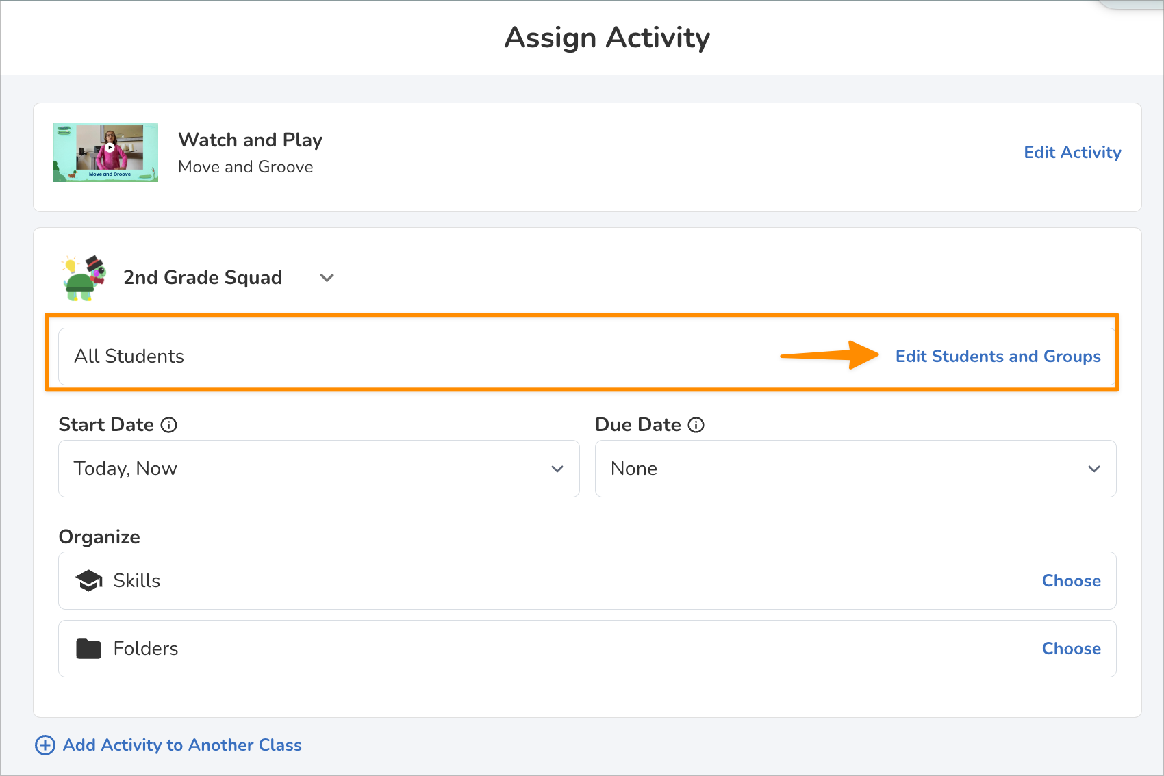 Showing the Edit student and Groups button on the assign activity page.