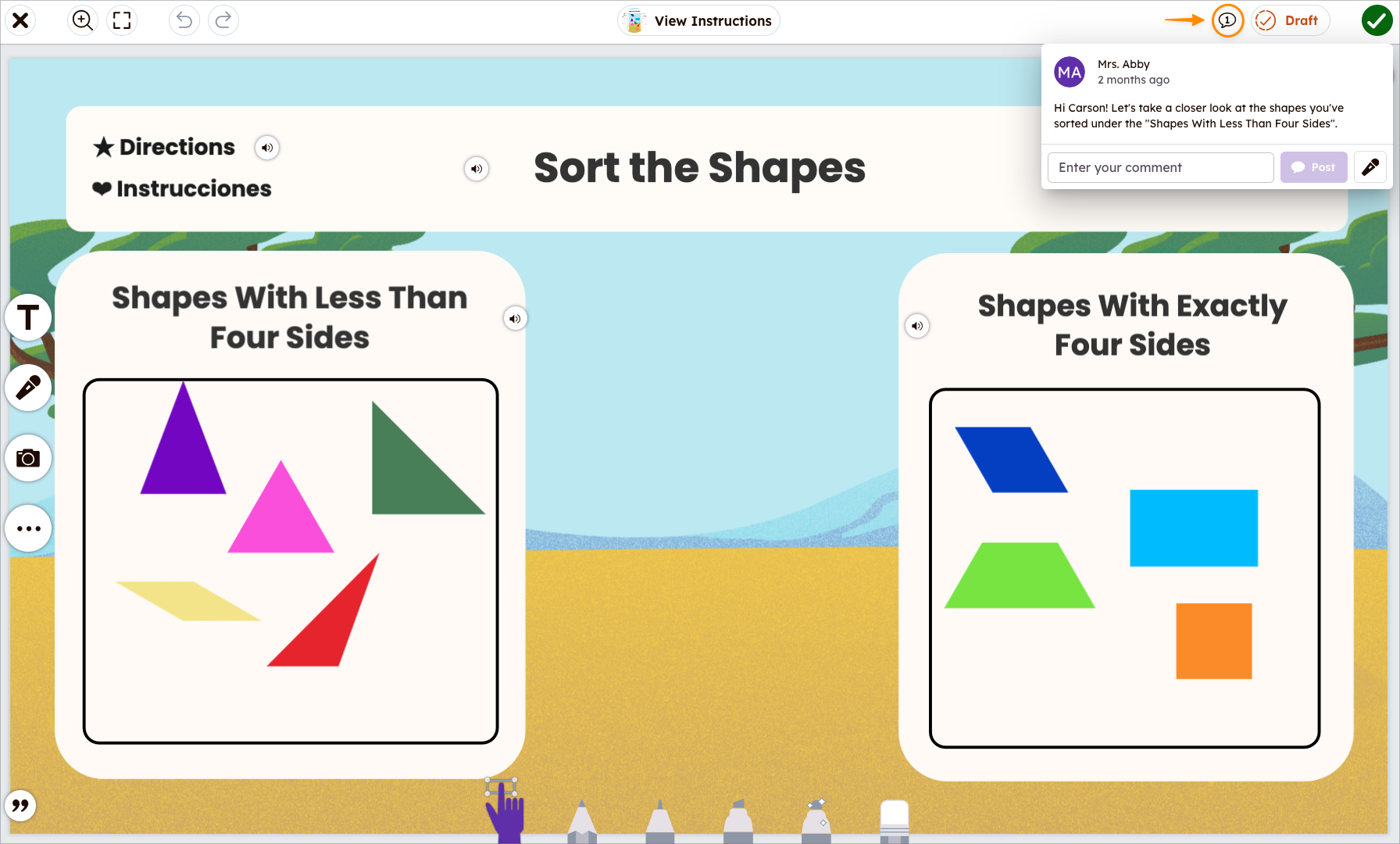 Nemendaskipti sem sýnir Athugasemd bobbluna í efra hægra horninu við hliðina á drögum.