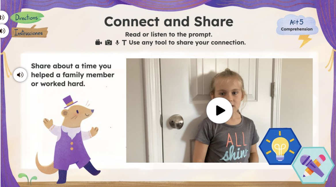Dæmi um Seesaw dagbókarpóst þar sem nemandi deilir myndbandi um tíma sem hann hjálpaði fjölskyldumeðlim með tveimur hæfnistickerum bætt við dagbókarpóstinn.