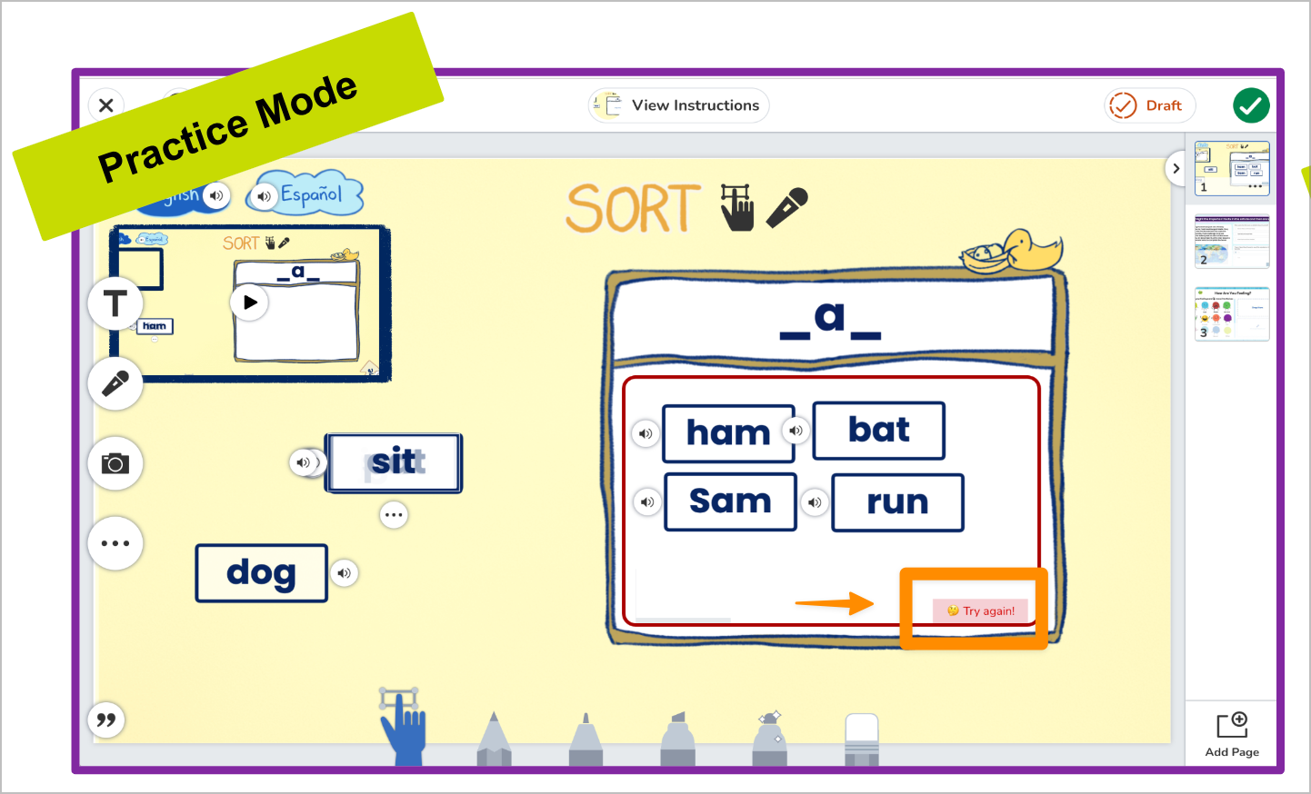 Seesaw Canvas with activity showing practice mode highlighting that students see an option to Check Work.