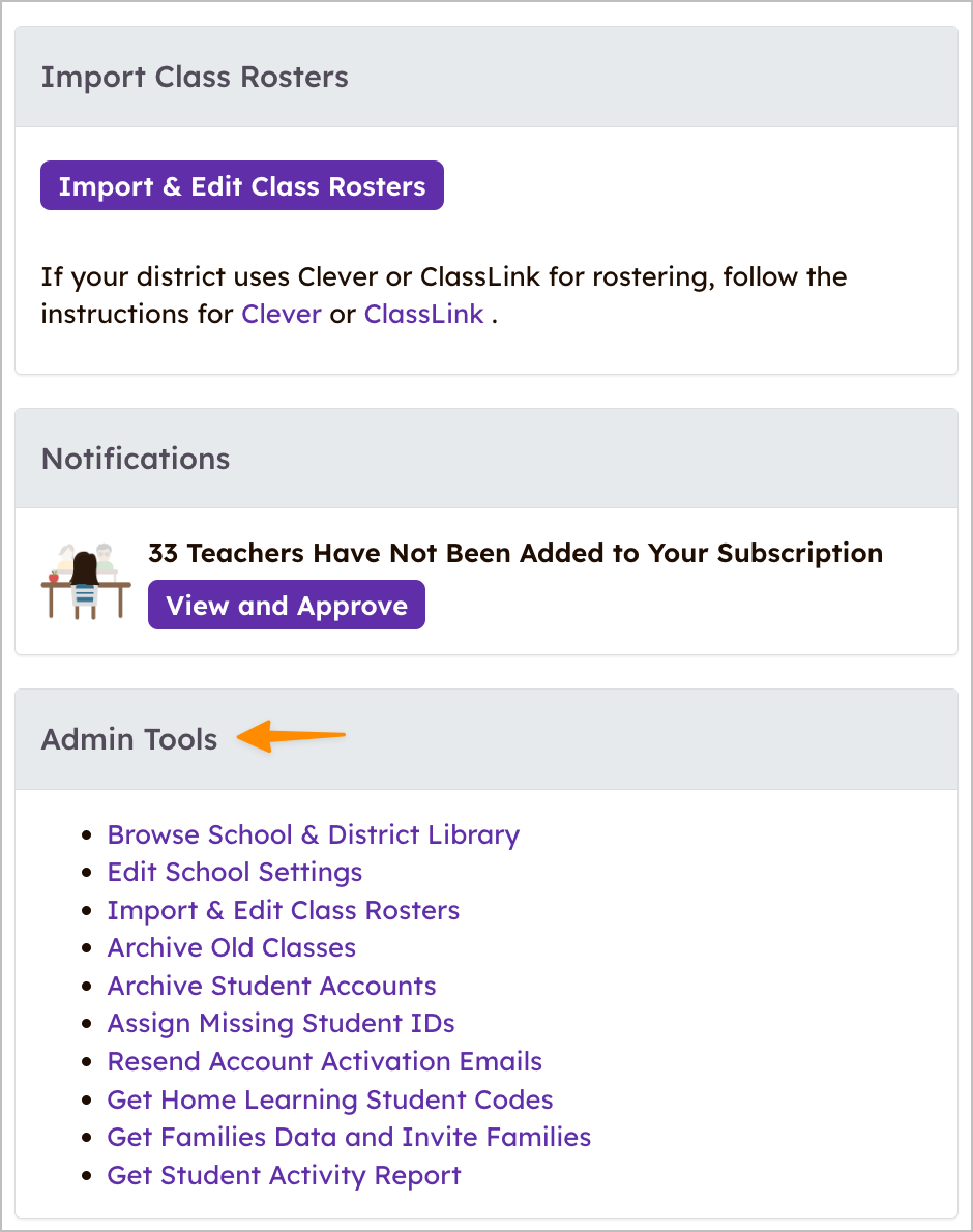 Import Class Rosters, Notifications and Admin Tools list that are visable on the right side of the Admin dashboard.
